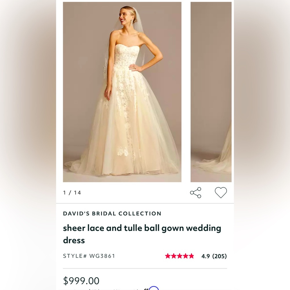 David's Bridal Lace & Tulle Ballgown Wedding Dress Champagne Color WG3861 Size 8